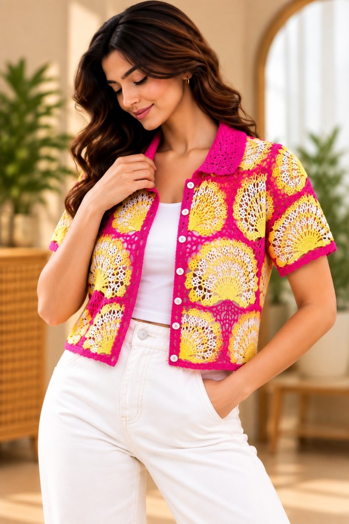 AAVARI Women’s Pink Multicolour Crochet Button-Front Crop Shirt