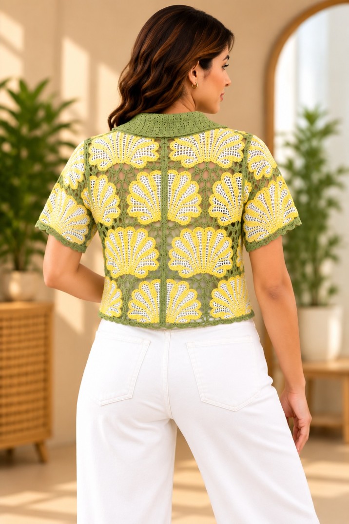 AAVARI Women’s Olive Green Crochet Crop Shirt with Yellow
