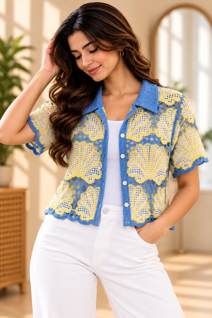 AAVARI Women’s Blue Crochet Crop Shirt with Yellow & White Motifs, Short