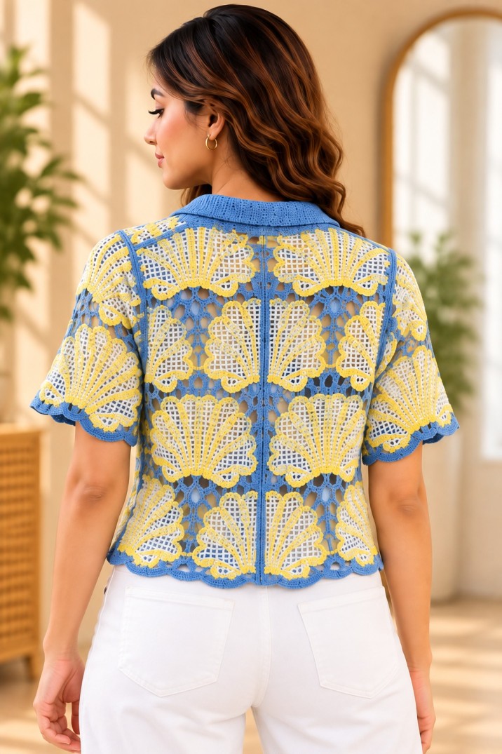 AAVARI Women’s Blue Crochet Crop Shirt with Yellow & White Motifs, Short