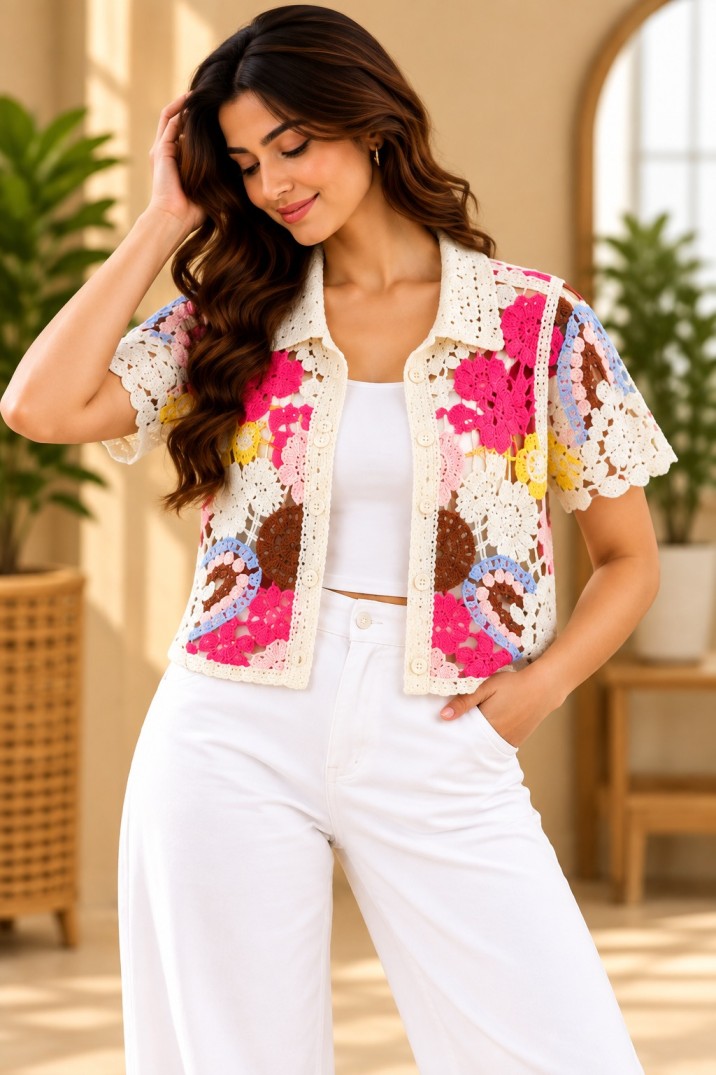 AAVARI Women’s Cream Multicolour Floral Crochet Crop Shirt with Collar