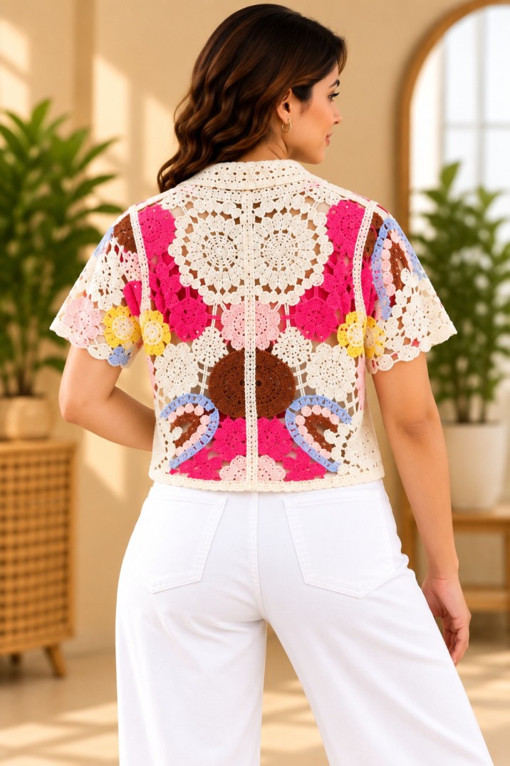 AAVARI Women’s Cream Multicolour Floral Crochet Crop Shirt with Collar