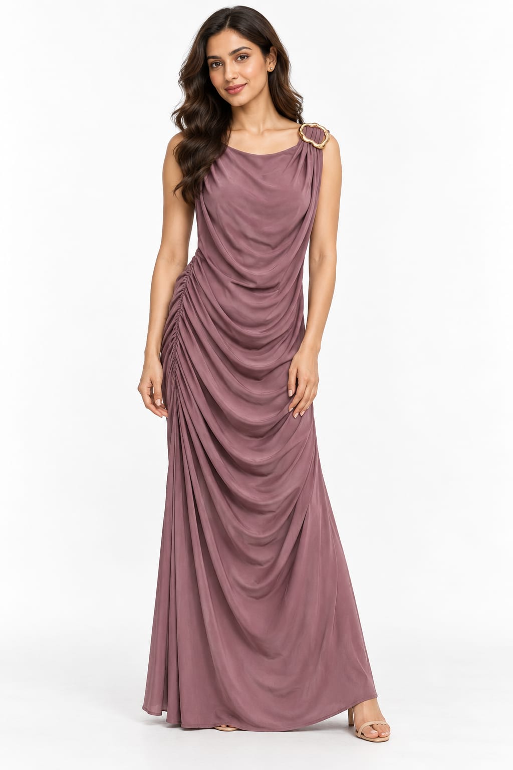 AAVARI Women’s Mauve Draped Cowl Neck Maxi Dress with Side Ruching