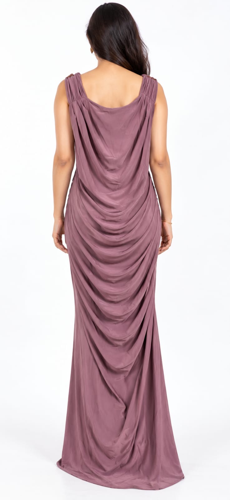 AAVARI Women’s Mauve Draped Cowl Neck Maxi Dress with Side Ruching