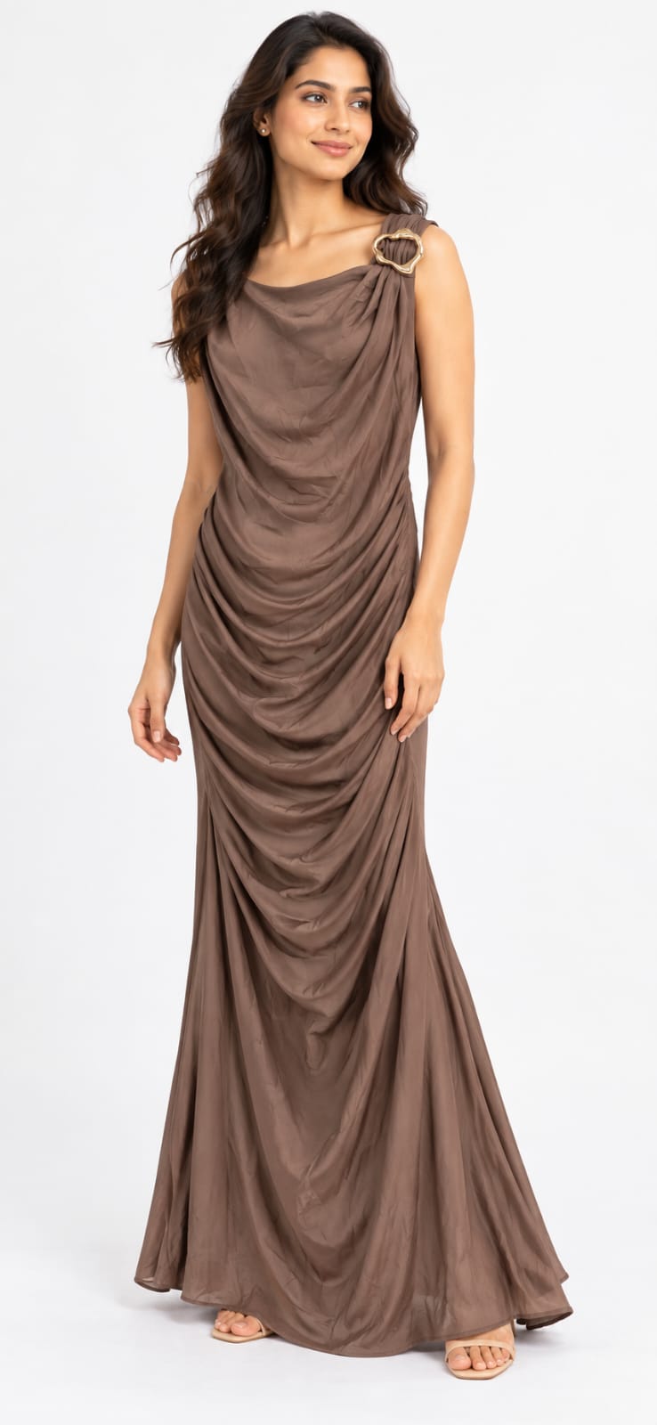 AAVARI Women’s Mocha Brown Draped Cowl Neck Maxi Dress with Ruching & Gold-Tone Shoulder Detail