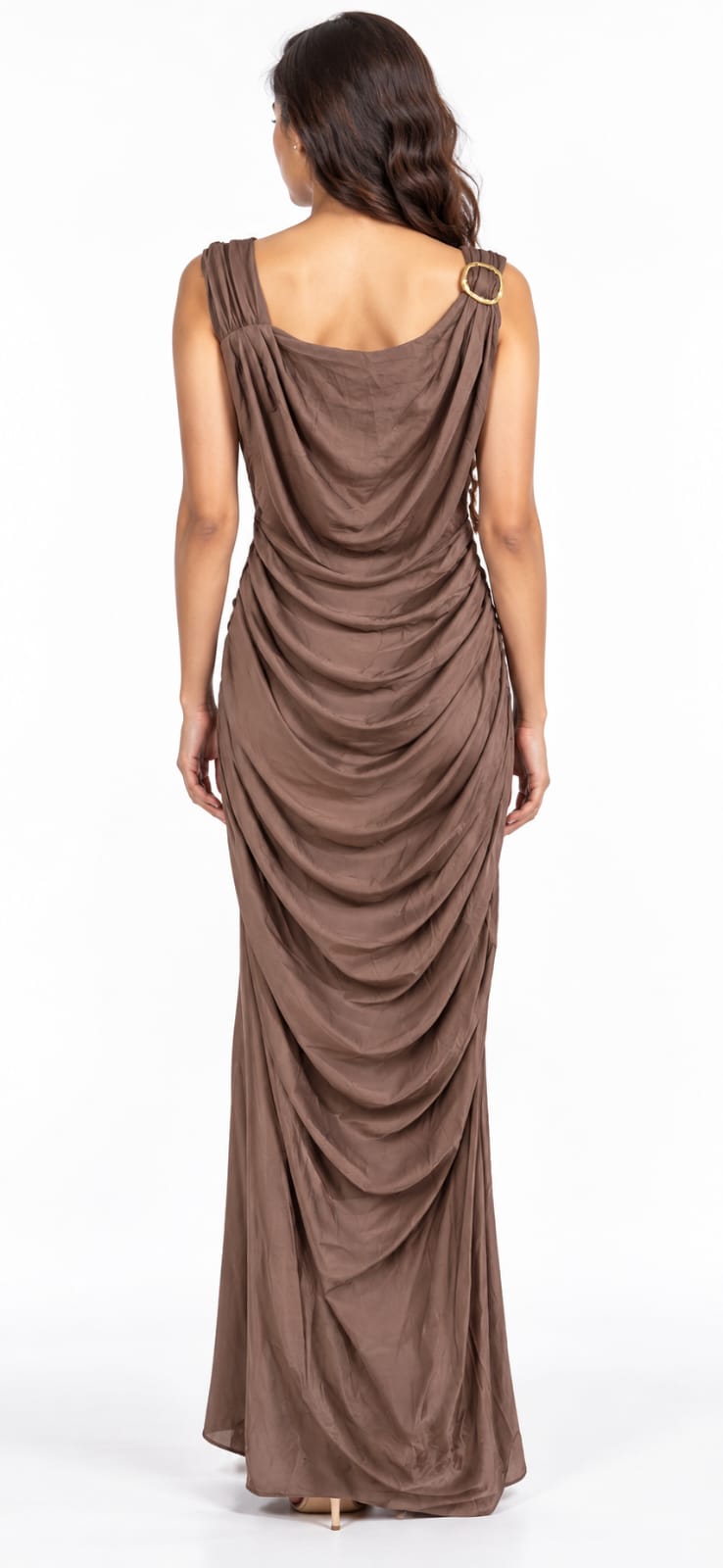 AAVARI Women’s Mocha Brown Draped Cowl Neck Maxi Dress with Ruching & Gold-Tone Shoulder Detail