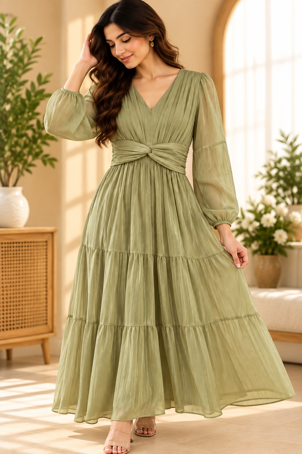 Women’s Sage Green V-Neck Tiered Maxi Dress with Twist Waist & Long Balloon Sleeves