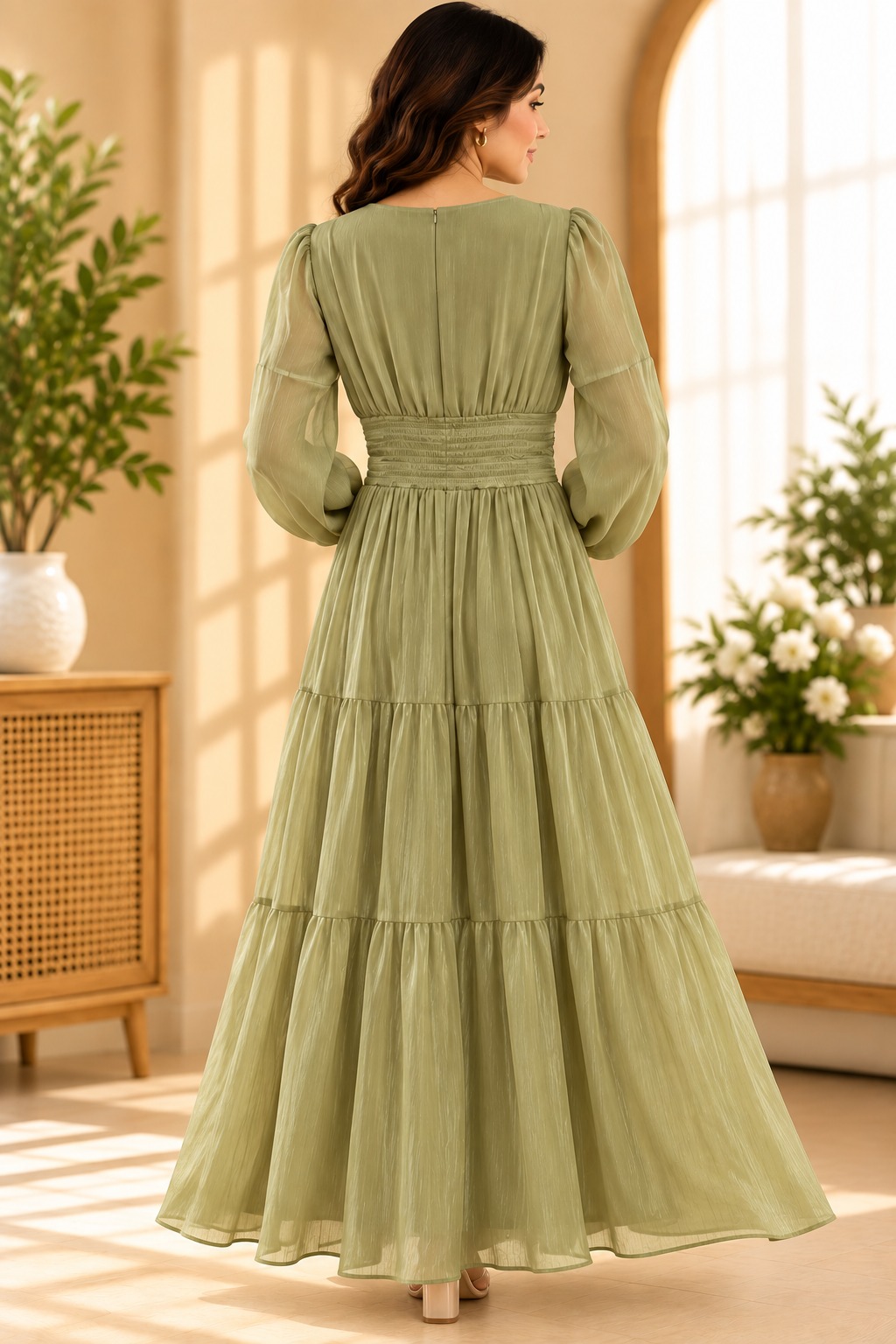 Women’s Sage Green V-Neck Tiered Maxi Dress with Twist Waist & Long Balloon Sleeves