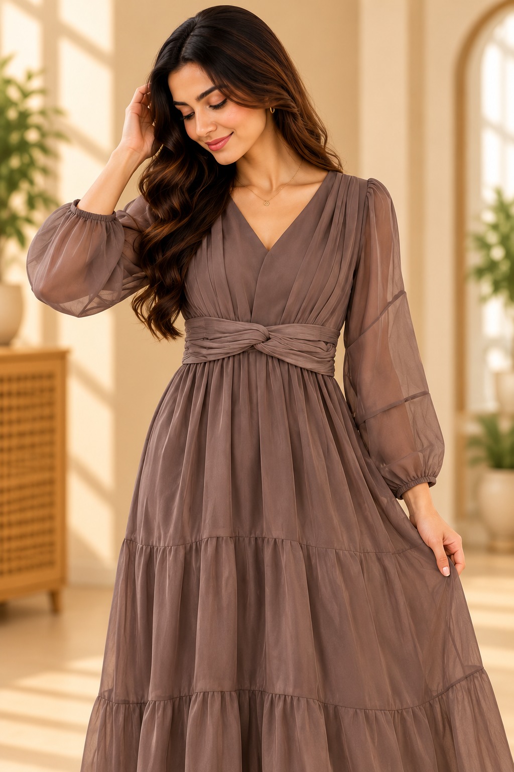AAVARI Women’s Mocha Brown V-Neck Tiered Maxi Dress with Twist Waist & Long Balloon Sleeves