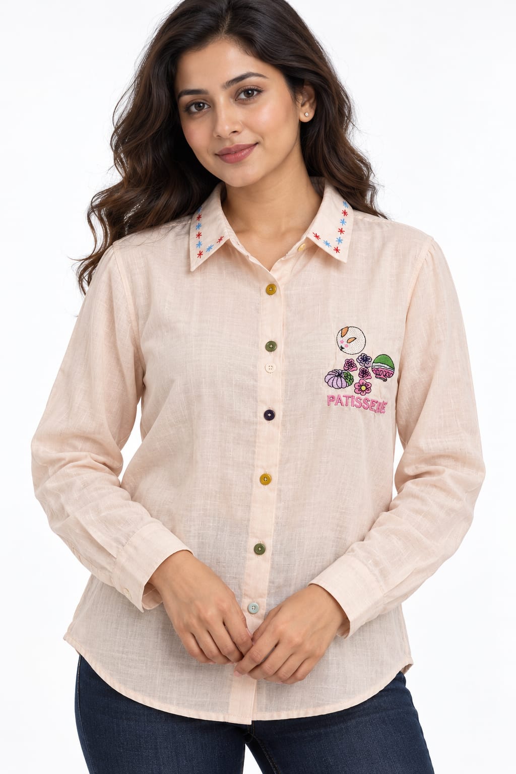 Product Title AAVARI Women’s Light Peach Embroidered Shirt with Full Sleeves, Decorated Collar