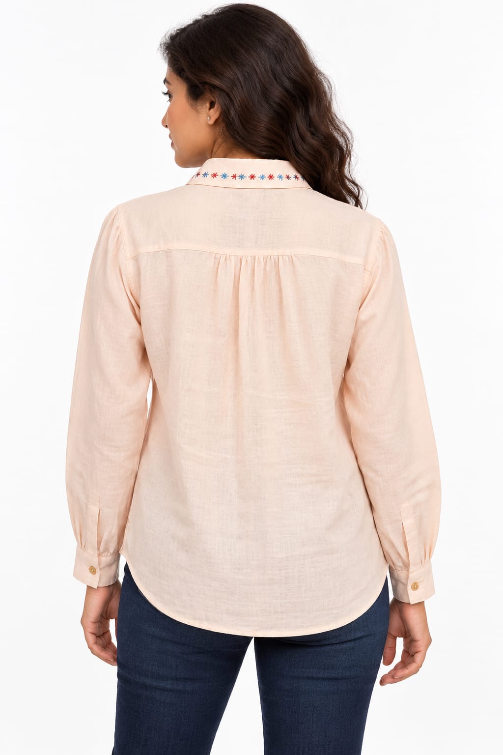 Product Title AAVARI Women’s Light Peach Embroidered Shirt with Full Sleeves, Decorated Collar