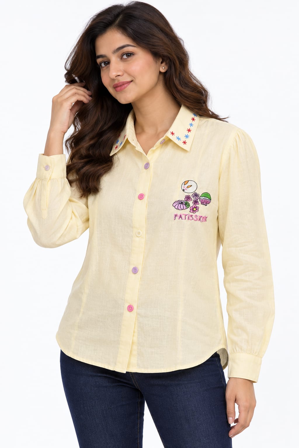 AAVARI Women’s Light Yellow Embroidered Shirt with Full Sleeves, Embroidered Collar