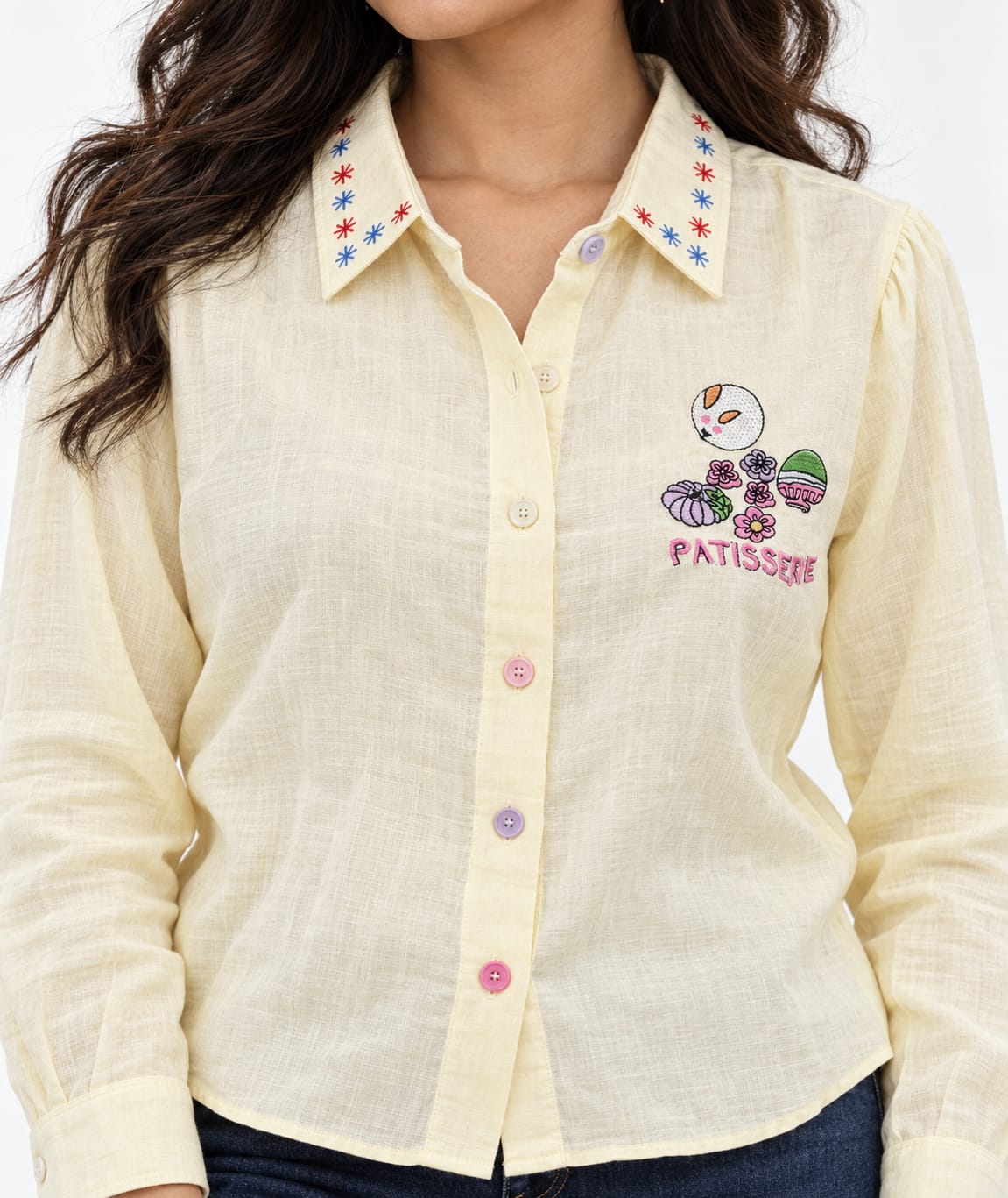AAVARI Women’s Light Yellow Embroidered Shirt with Full Sleeves, Embroidered Collar