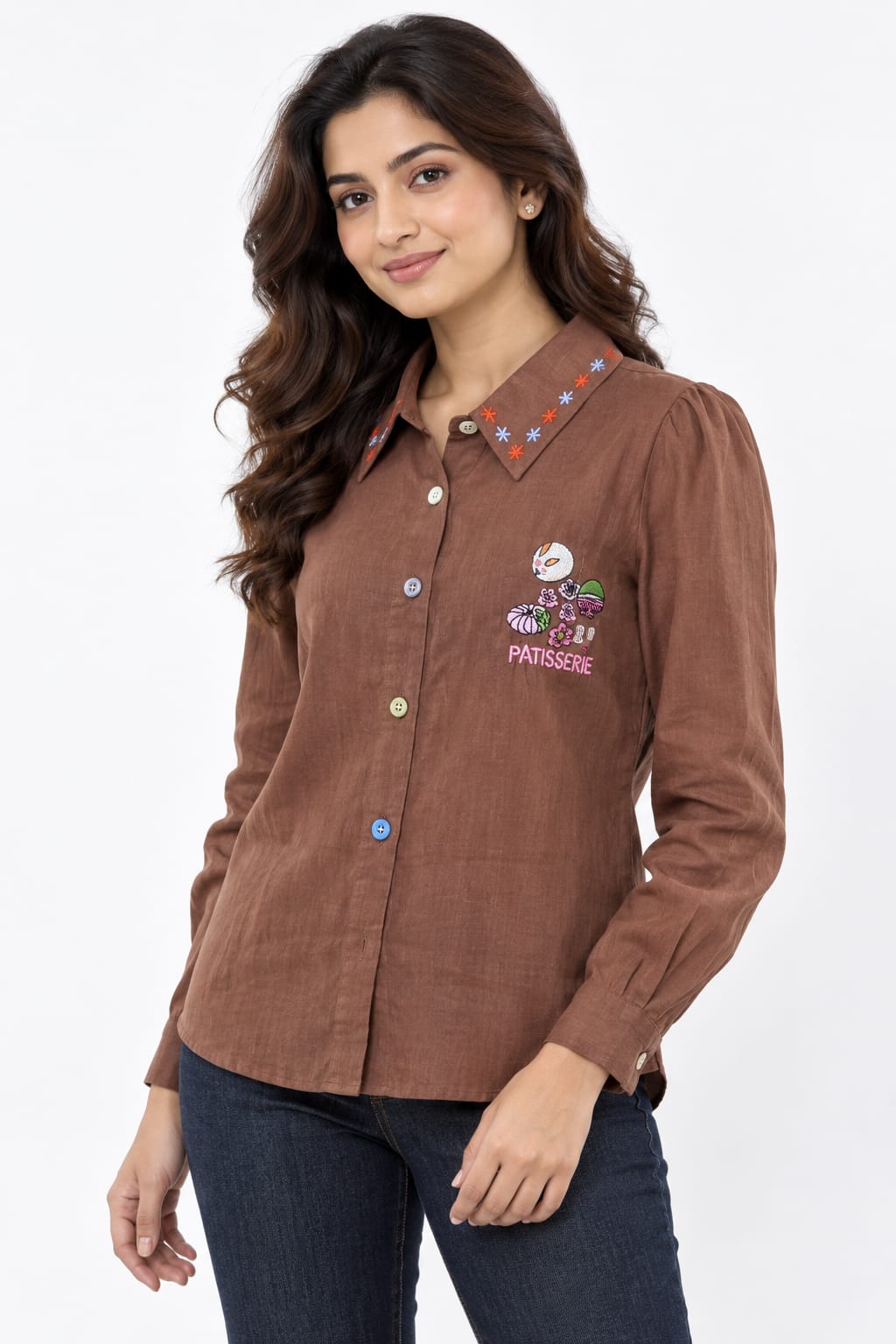 AAVARI Women’s Brown Embroidered Shirt with Full Sleeves, Decorated Collar
