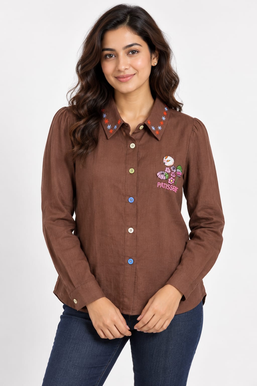AAVARI Women’s Brown Embroidered Shirt with Full Sleeves, Decorated Collar