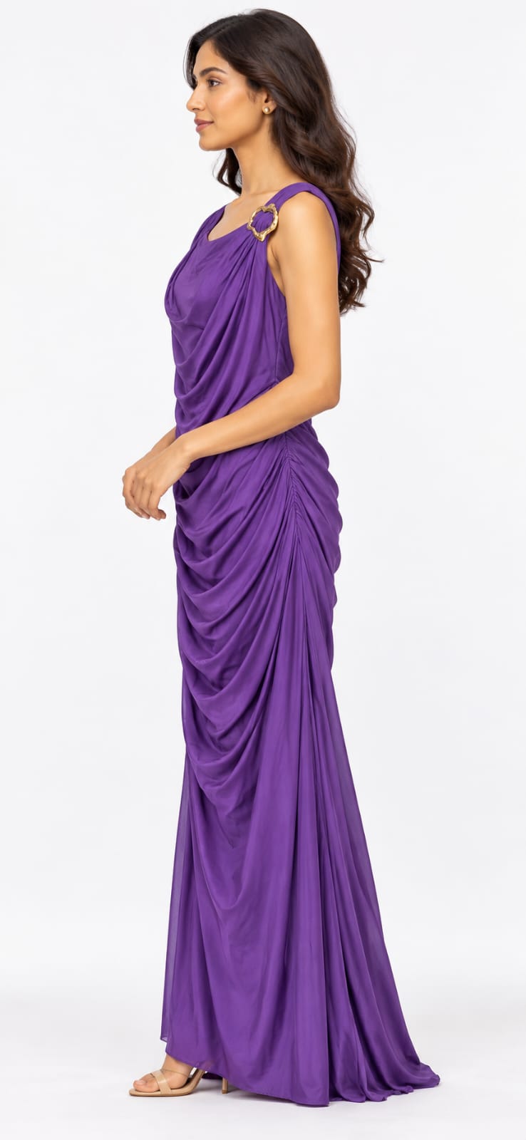 AAVARI Women’s Purple Draped Cowl Neck Maxi Dress with Gold-Tone Shoulder Detail