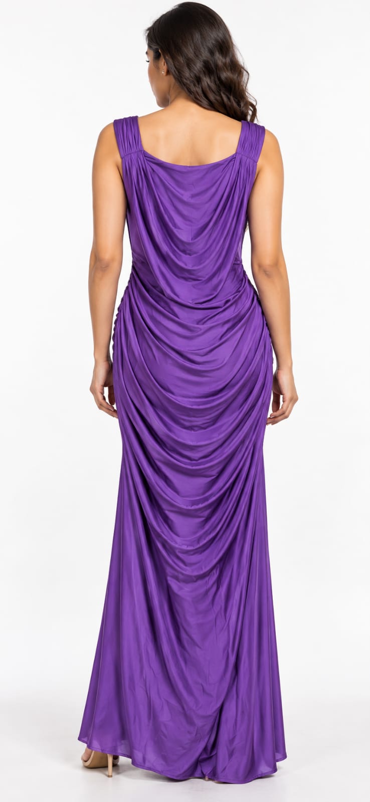 AAVARI Women’s Purple Draped Cowl Neck Maxi Dress with Gold-Tone Shoulder Detail