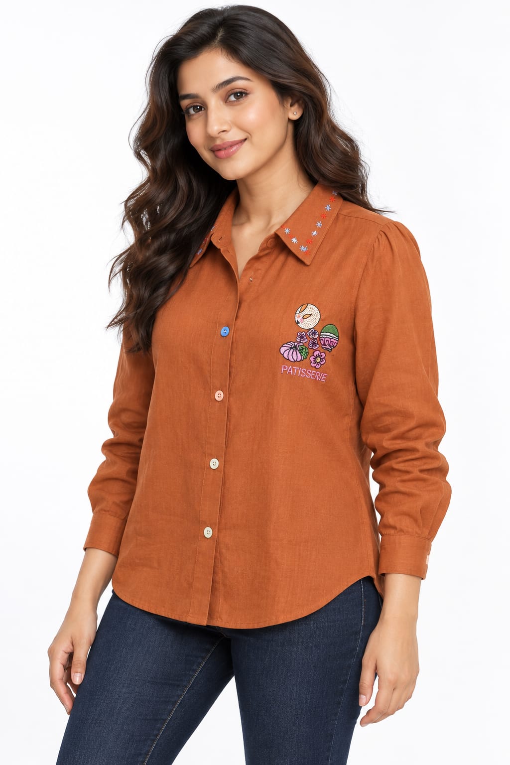 AAVARI Women’s Rust Orange Embroidered Shirt with Full Sleeves & Contrast Buttons