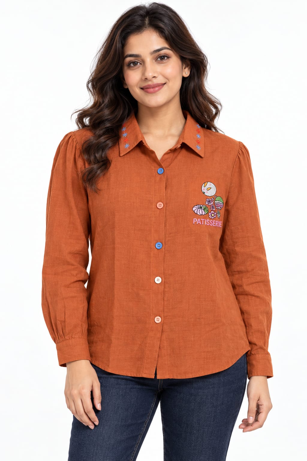 AAVARI Women’s Rust Orange Embroidered Shirt with Full Sleeves & Contrast Buttons