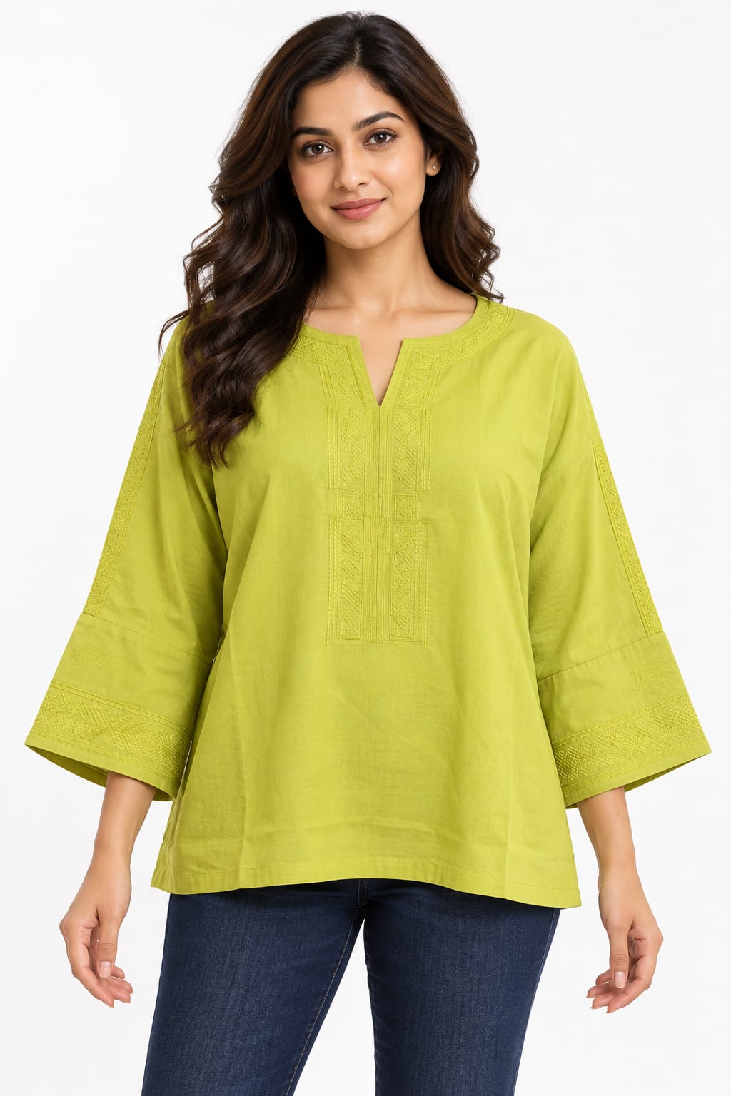 AAVARI Women’s Lime Green Embroidered Tunic Top with Notched Neck