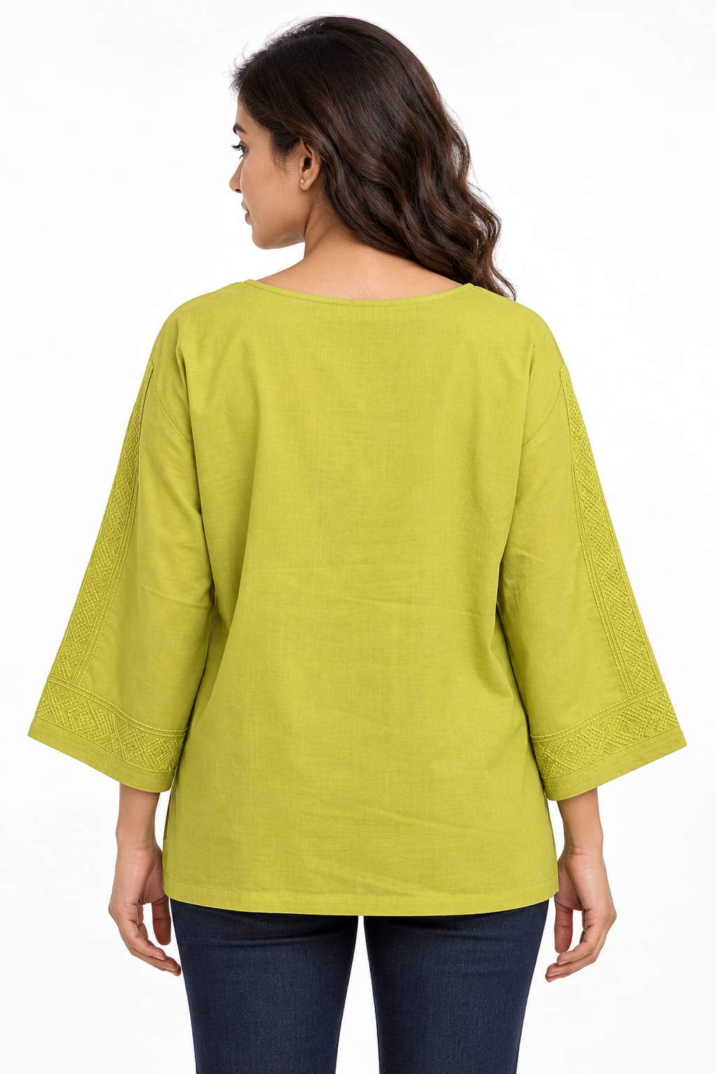 AAVARI Women’s Lime Green Embroidered Tunic Top with Notched Neck
