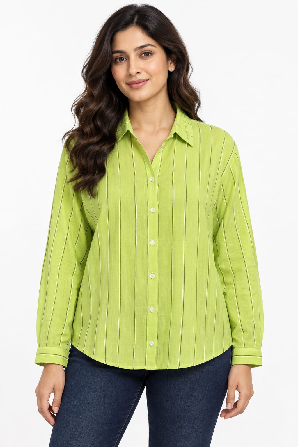 AAVARI Women’s Lime Green Striped Shirt with Full Sleeves & Relaxed Fit