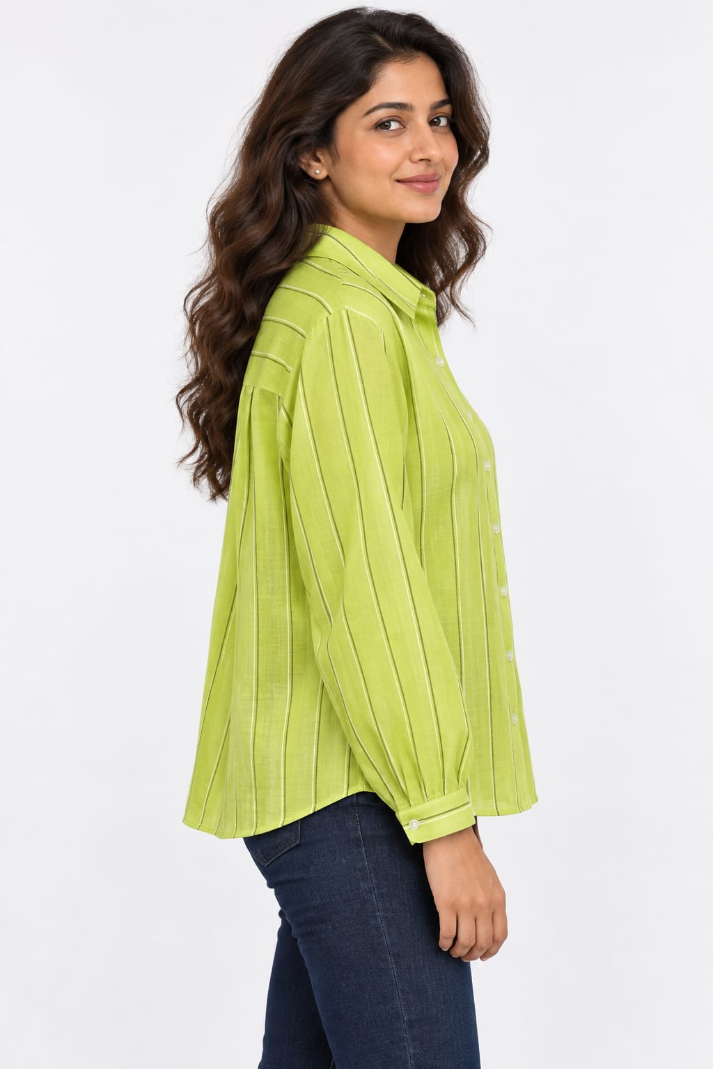 AAVARI Women’s Lime Green Striped Shirt with Full Sleeves & Relaxed Fit