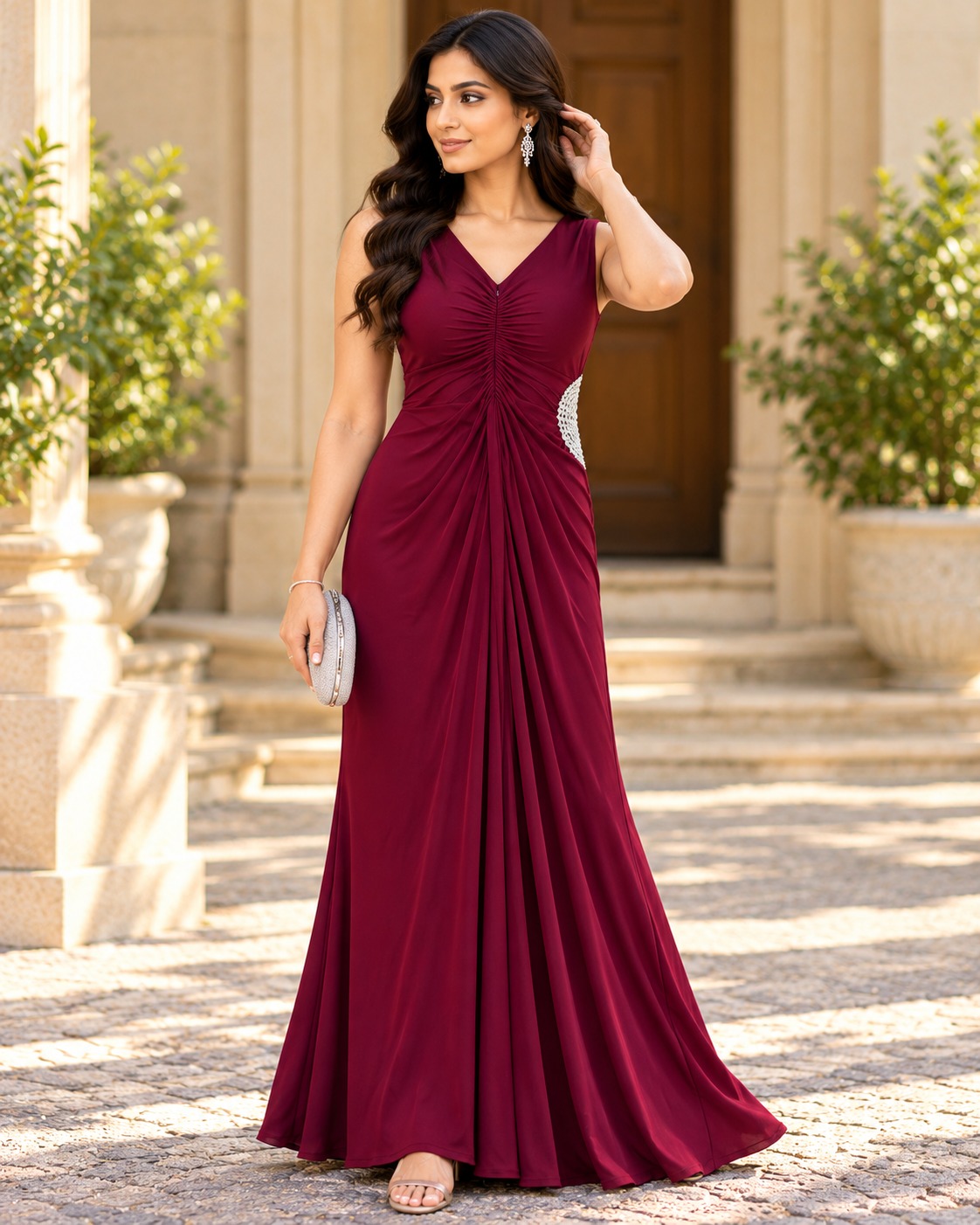 AAVARI Women’s Wine Maroon Sleeveless V-Neck Ruched Maxi Dress