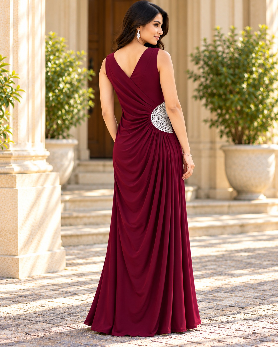 AAVARI Women’s Wine Maroon Sleeveless V-Neck Ruched Maxi Dress