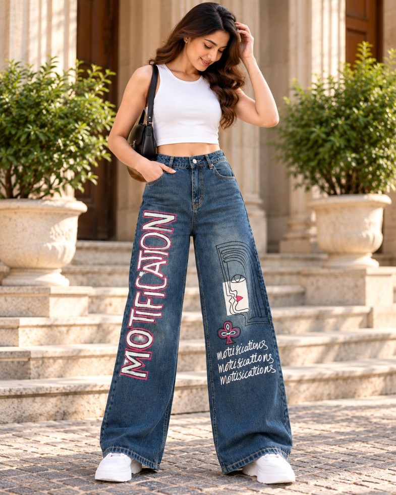 AAVARI Women’s Blue Graphic Print Wide-Leg Jeans
