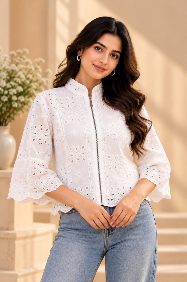 AAVARI Women’s White Floral Eyelet Embroidered Top