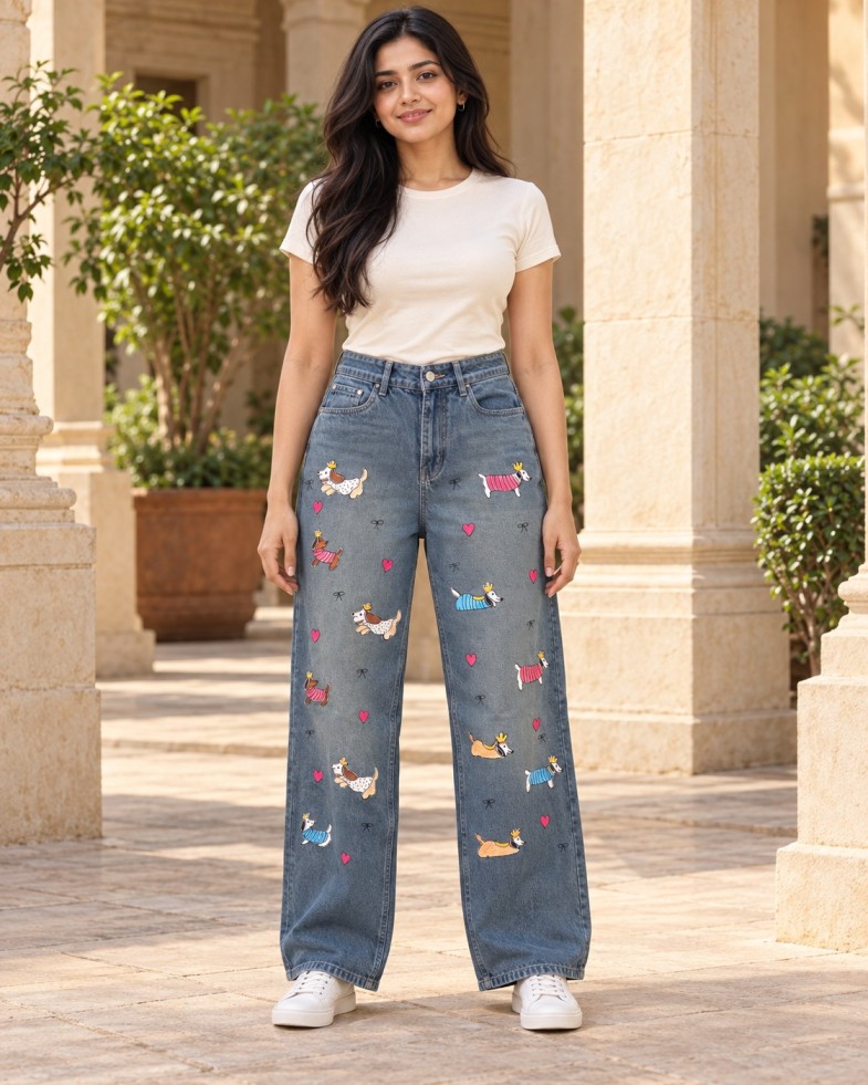 AAVARI Women’s Blue-Grey Dog Print Wide-Leg Jeans