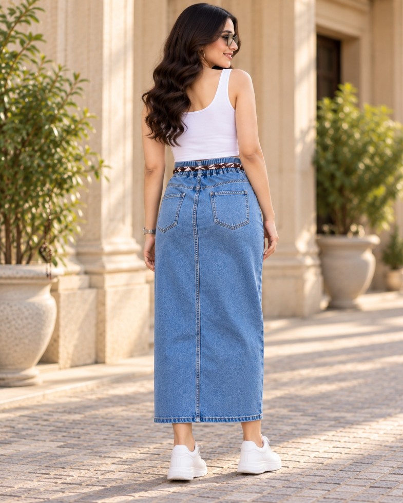 AAVARI Women’s Blue Denim Long Skirt with Printed Tie Belt