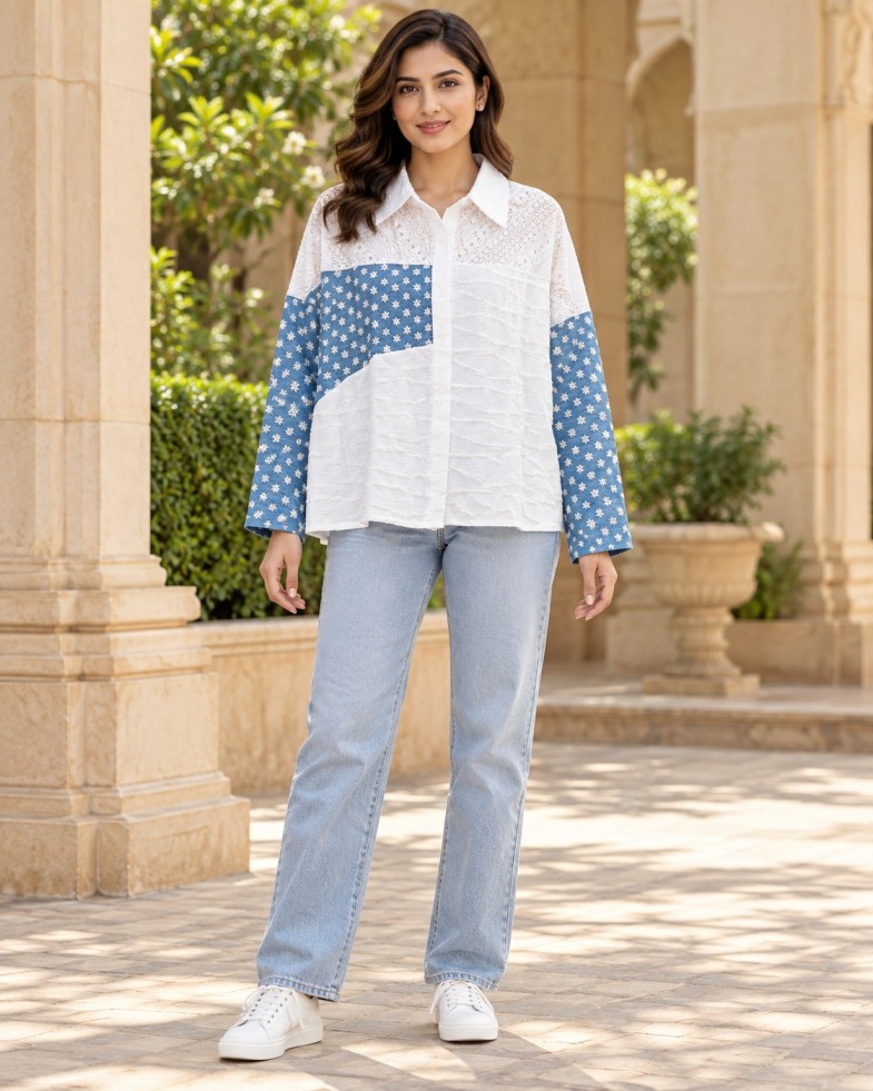AAVARI Women's Casual White & Blue Patchwork Oversized Shirt