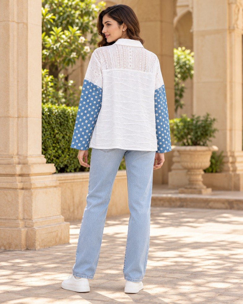 AAVARI Women's Casual White & Blue Patchwork Oversized Shirt