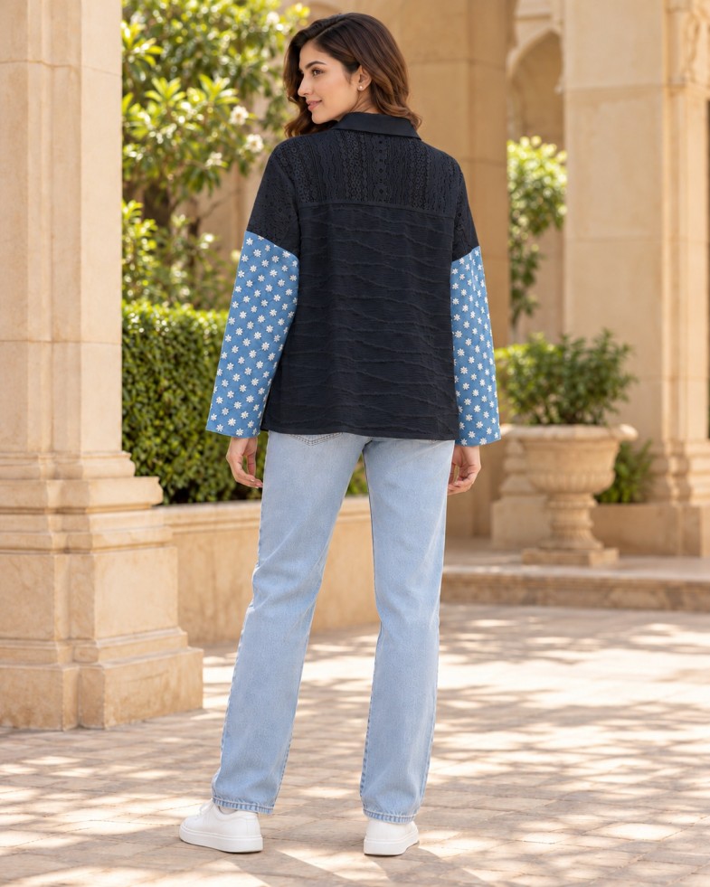 AAVARI Women's Casual Black & Blue Patchwork Oversized Shirt
