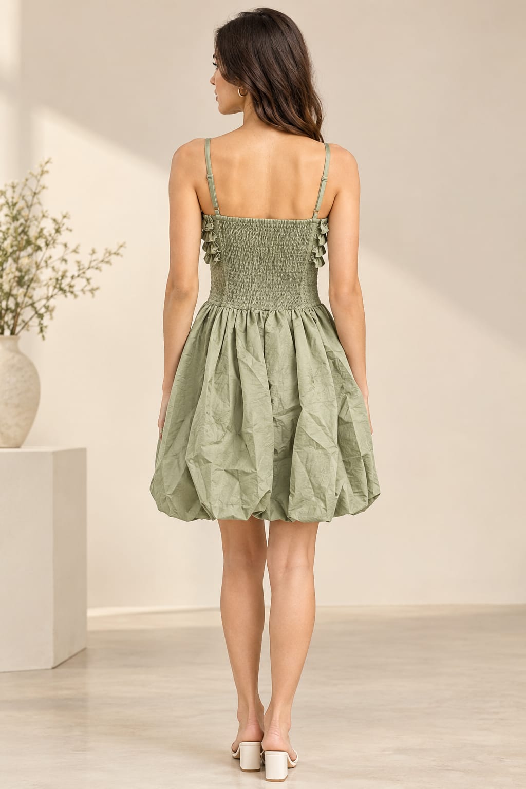 AAVARI Women's Sage Green Ruffled Bustier Bubble Hem Mini Dress
