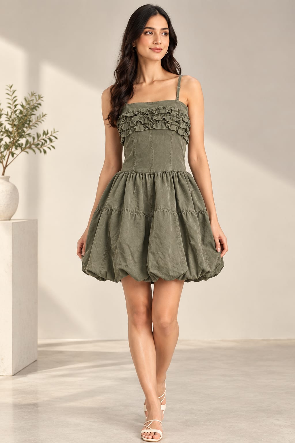 AAVARI Women's Olive Green Ruffled Bustier Bubble Hem Mini Dress