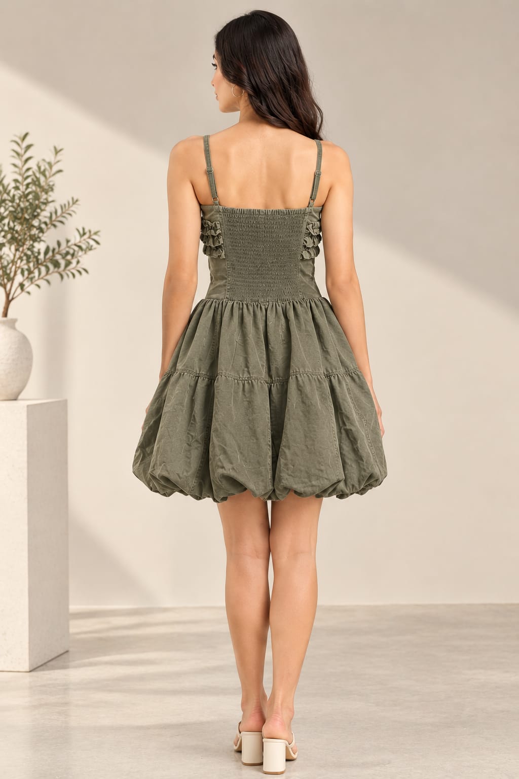 AAVARI Women's Olive Green Ruffled Bustier Bubble Hem Mini Dress