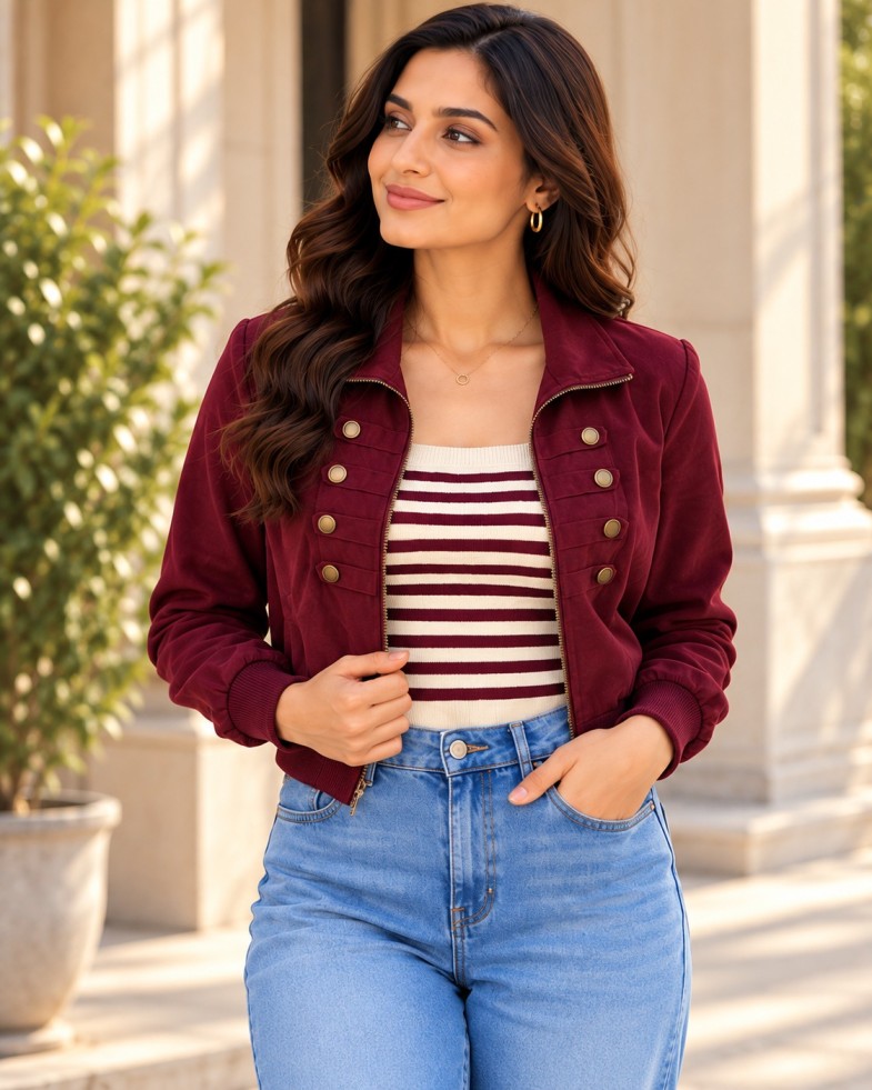 AAVARI Women's Maroon Military Style Bomber Jacket | Double-Breasted Gold Button Full Zip Cropped Winter Jacket