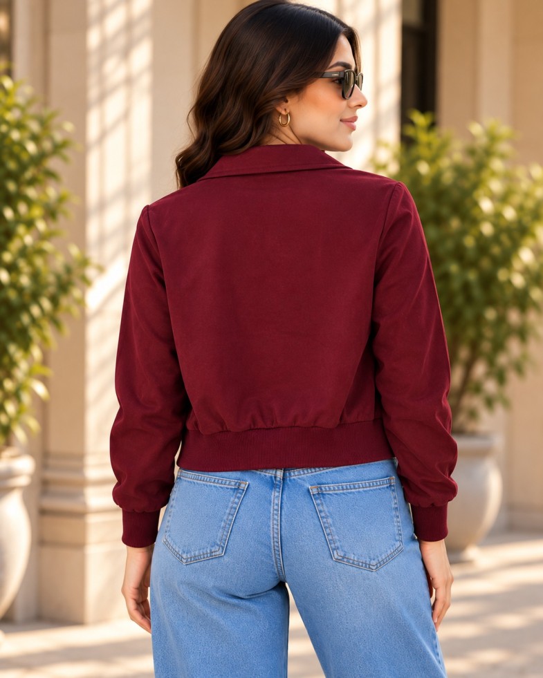 AAVARI Women's Maroon Military Style Bomber Jacket | Double-Breasted Gold Button Full Zip Cropped Winter Jacket