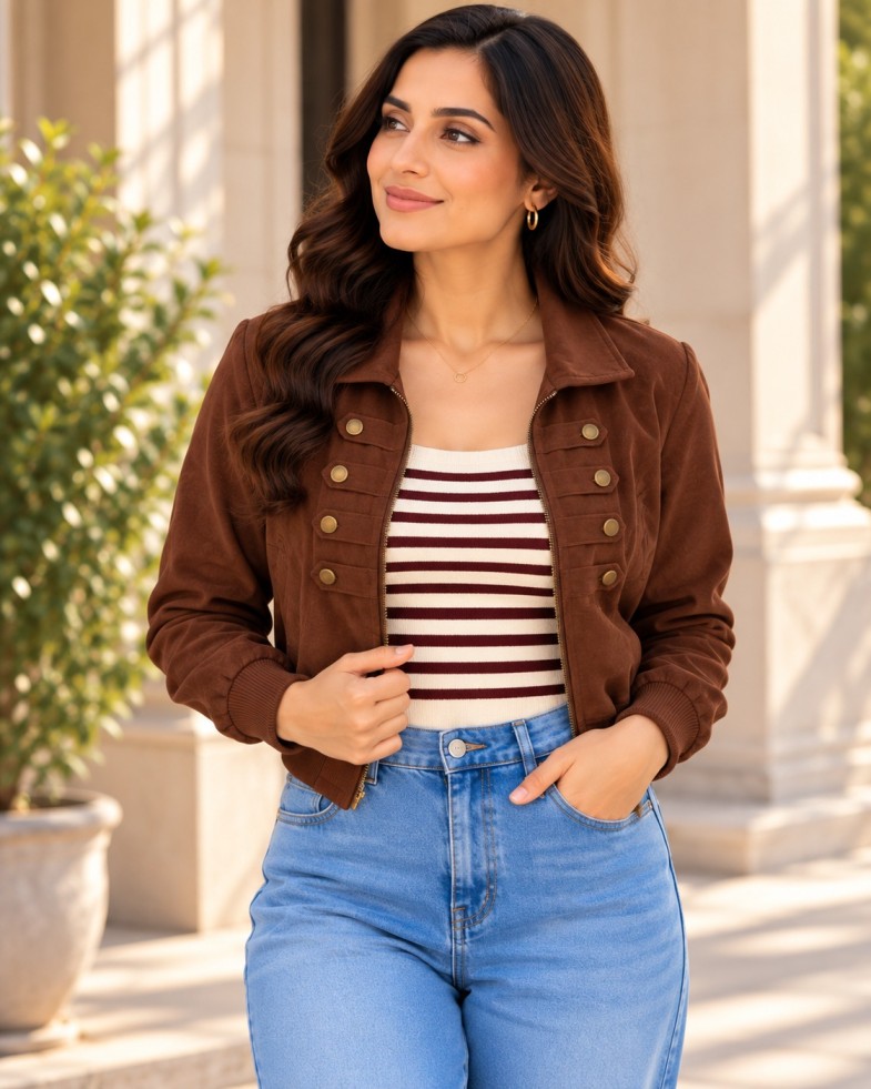 AAVARI Women's Brown Military Style Bomber Jacket | Double-Breasted Gold Button Full Zip Cropped