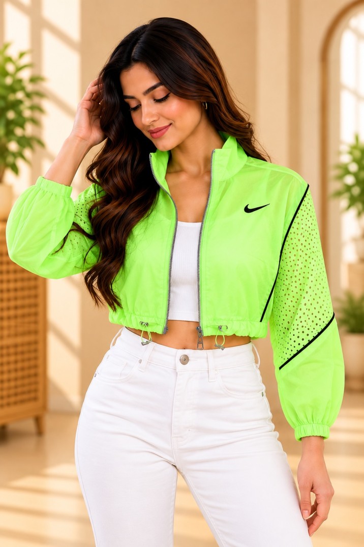 AAVARI Neon Green Mesh Sleeve Cropped Windbreaker Jacket