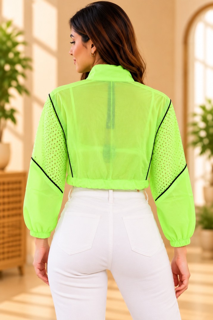 AAVARI Neon Green Mesh Sleeve Cropped Windbreaker Jacket