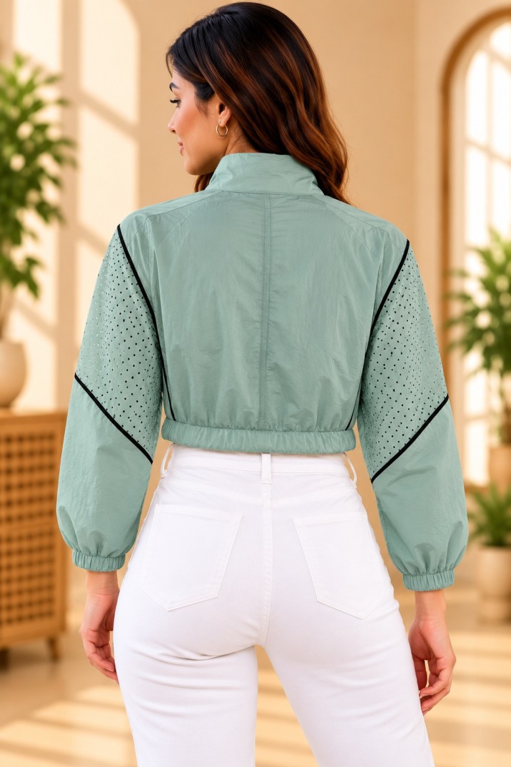 AAVARI Sage Green Mesh Sleeve Cropped Windbreaker Jacket