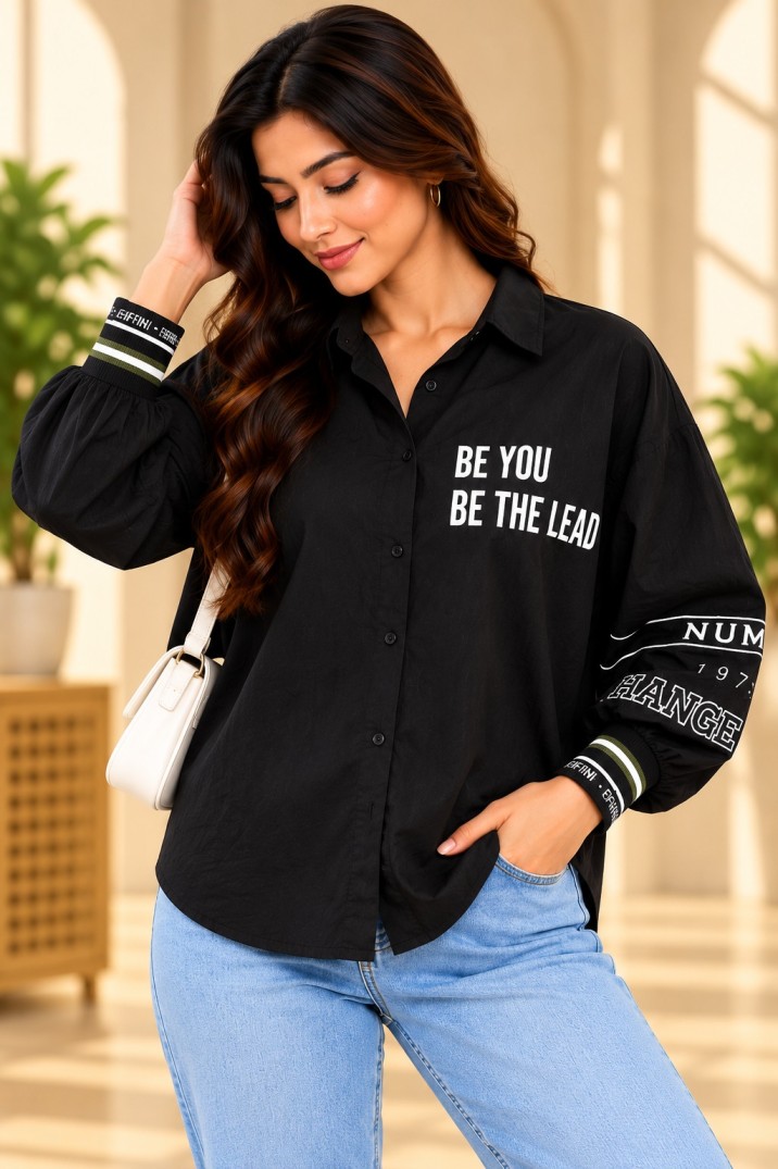AAVARI Women's Black Oversized Printed Shirt Long Balloon Sleeve Ribbed Cuff Button