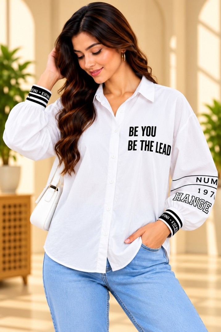 AAVARI Women's White Oversized Graphic Printed Shirt