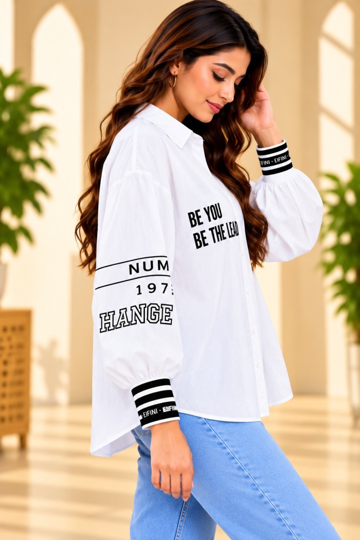 AAVARI Women's White Oversized Graphic Printed Shirt