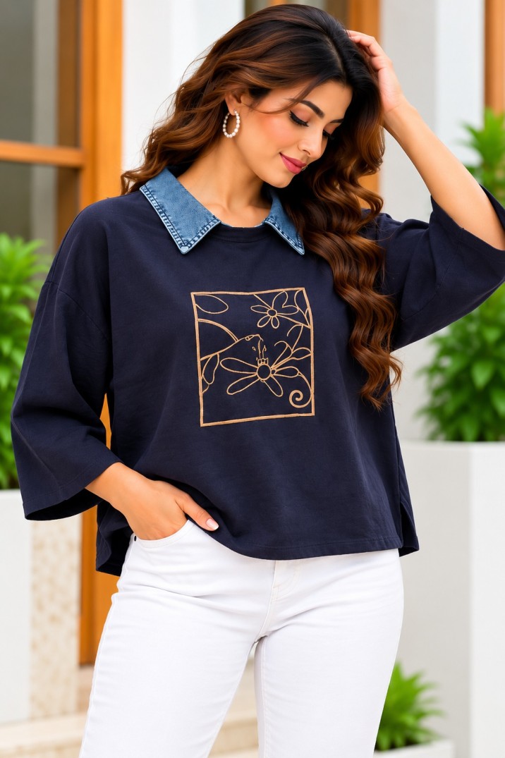 AAVARI Women's Navy Blue Floral Line Art Embroidered Top