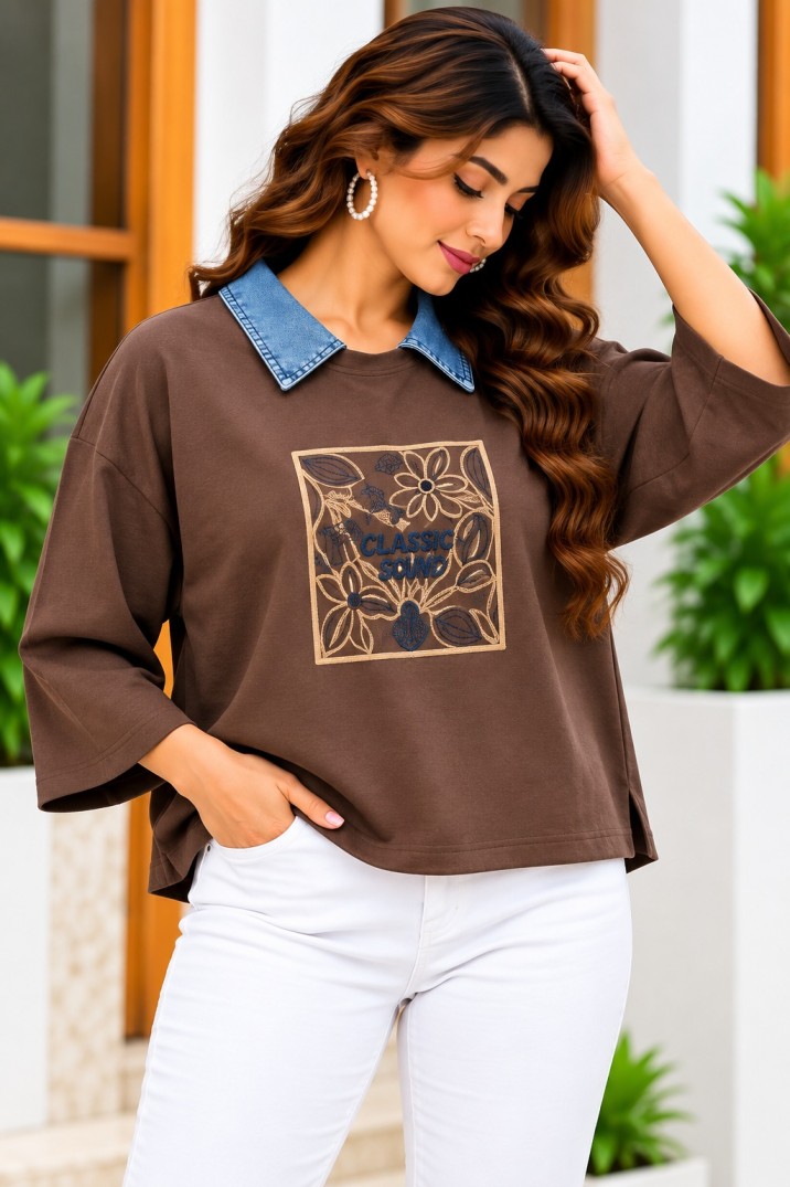 AAVARI Women Brown Denim Collar Embroidered Oversized Casual Top